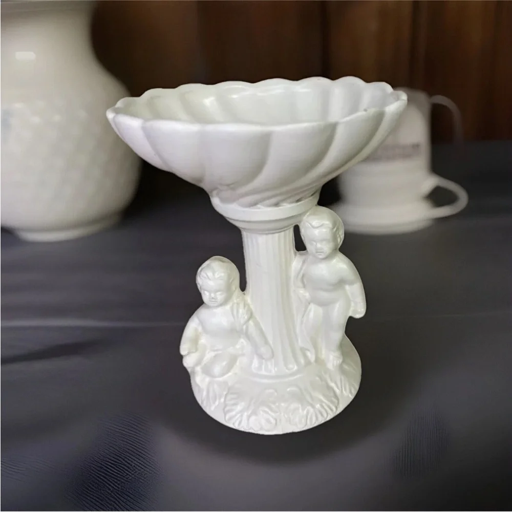 Charming White Ceramic Pedestal Bowl with Cherub Design
